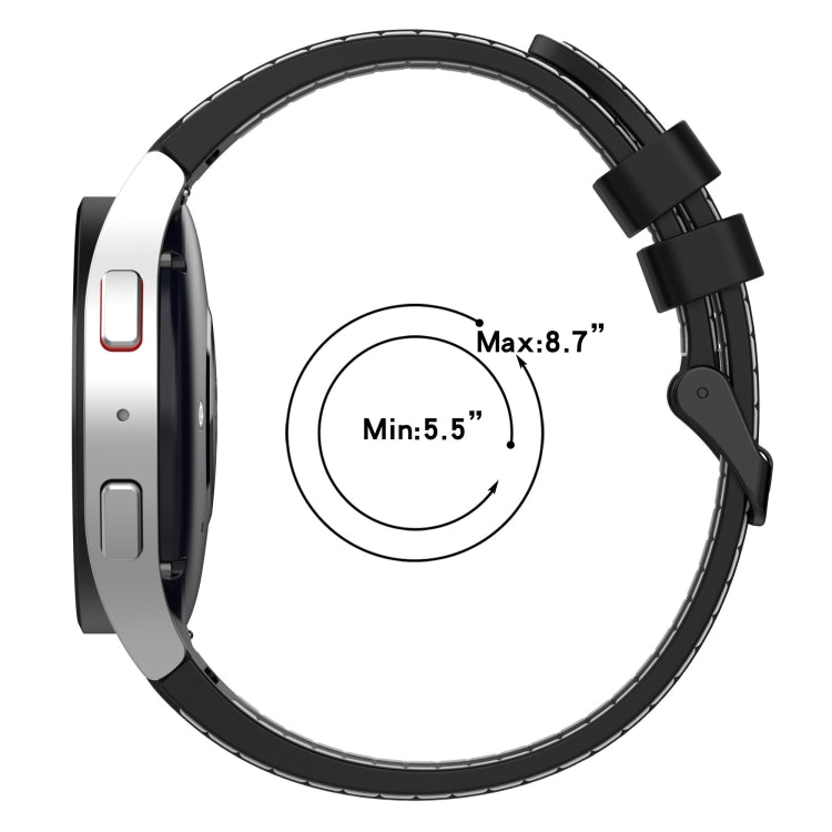 Leather-textured silicone watch band fit range diagram, min 5.5 in to max 8.7 in.