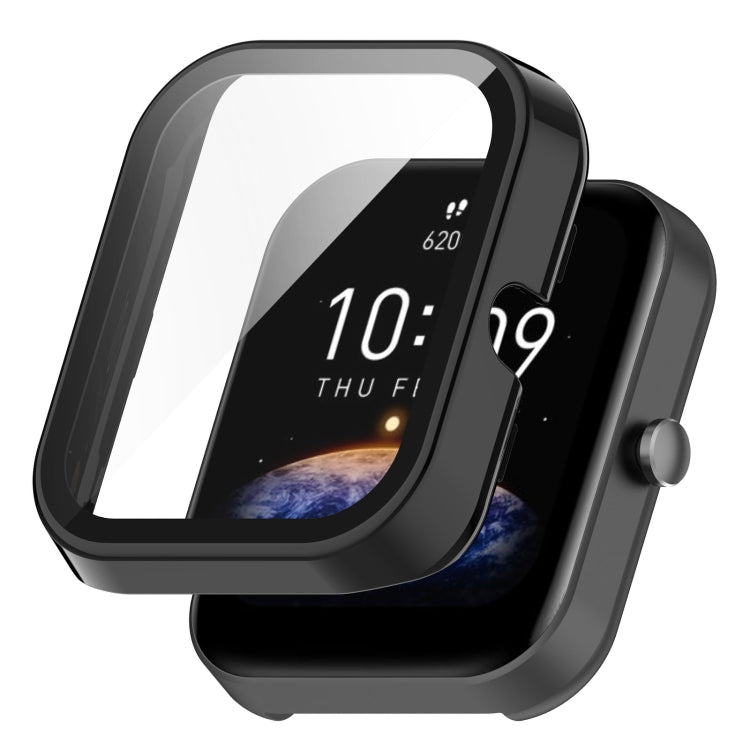 Black fully enclosed protective watch case with tempered glass screen cover.