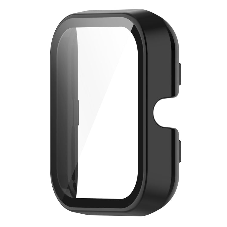Black protective watch case with transparent front film and side openings.