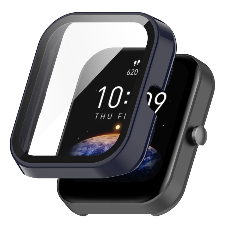Ink blue protective watch case with transparent screen film and side knob.