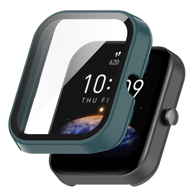 Pine green protective watch case with transparent screen film and side knob.