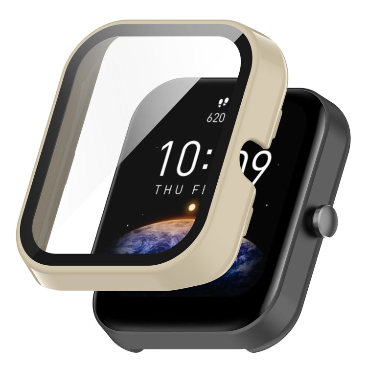 Ivory white protective watch case with clear screen film and side knob.
