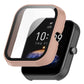 Pink protective watch case with clear screen film and side knob.