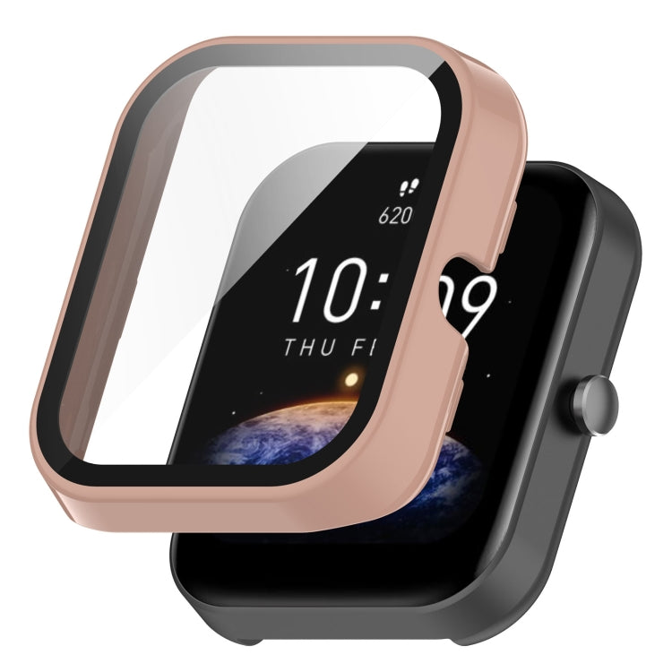 Pink protective watch case with clear screen film and side knob.