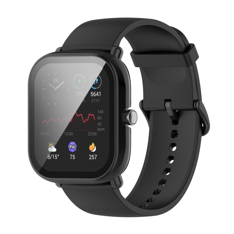 Tempered glass watch case with black protective frame and black strap