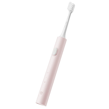 Pink sonic electric toothbrush handle with single control button and white bristles