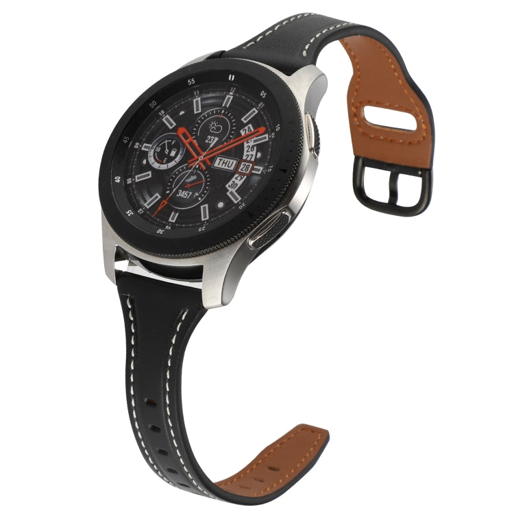 22mm genuine leather watch band in black with brown reverse buckle and white contrast stitching