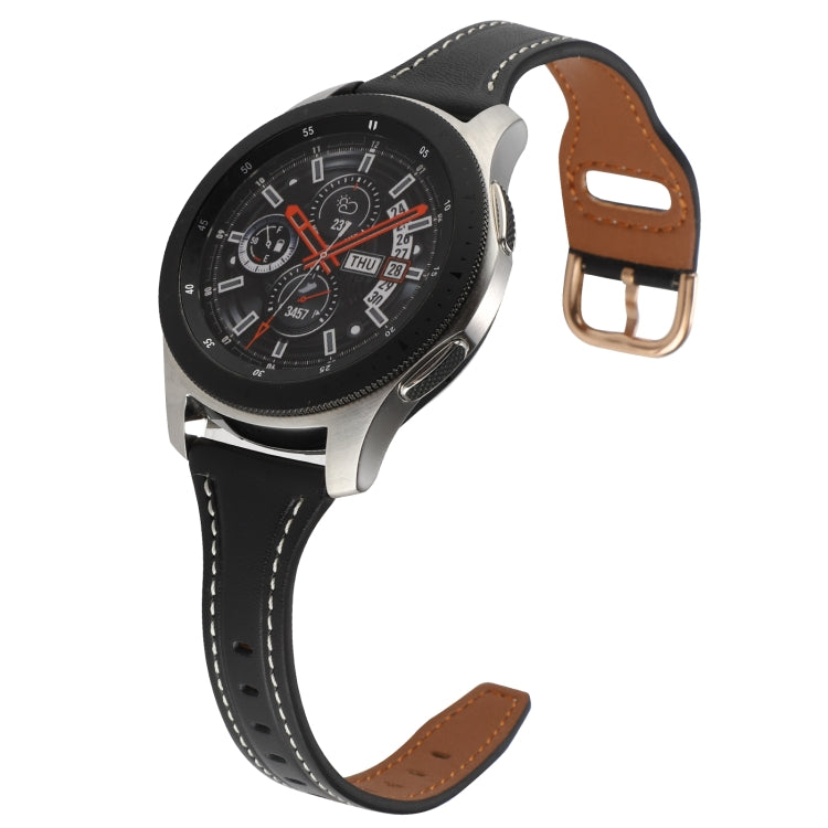 22mm genuine leather watch band in black with brown reverse buckle and stitched strap holes