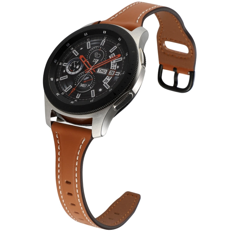 22mm genuine leather watch band in tan-brown with rose-gold reverse buckle and stitched holes