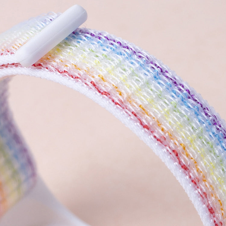 Rainbow woven loop watch band with white top edge stitching