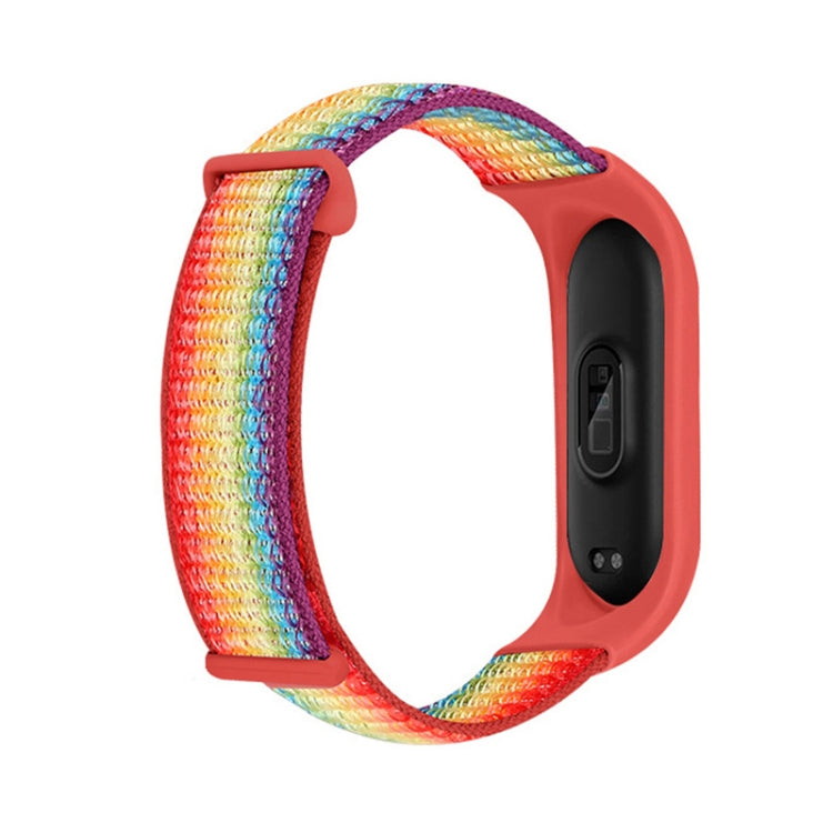 Nylon two-section loop watch band with rainbow woven strap and red watch case