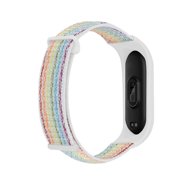 Nylon two-section loop watch band with rainbow woven strap and white watch case