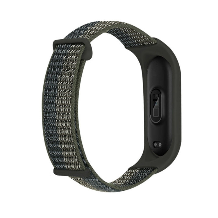 Nylon two-section loop watch band with dark gray-green woven strap and black watch case