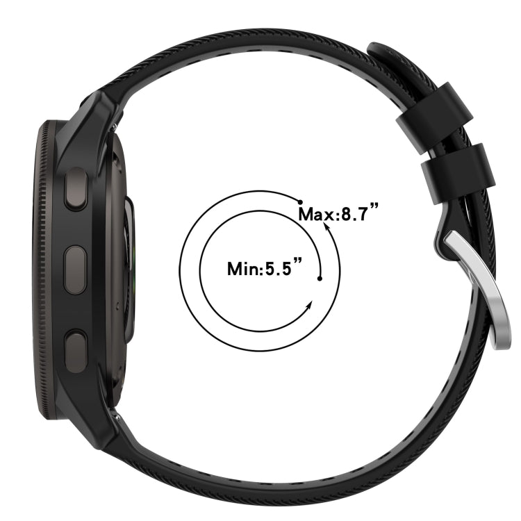 Black cross-textured silicone smartwatch band with buckle and size range indicator