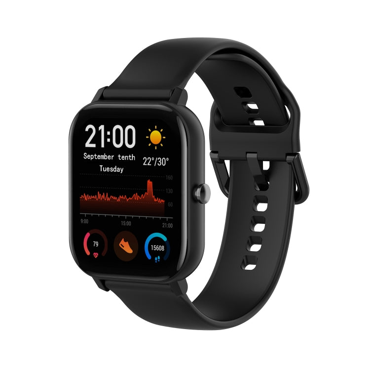 Black soft silicone smartwatch band with adjustable holes and clasp.