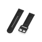 Black silicone watch band with buckle and row of adjustment holes.