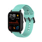 Turquoise soft silicone smartwatch band with adjustable holes and clasp.