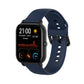 Midnight blue soft silicone smartwatch band with adjustable holes and clasp.