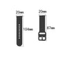 Silicone watch band size diagram: 20mm width, 104mm length, 87mm strap end.