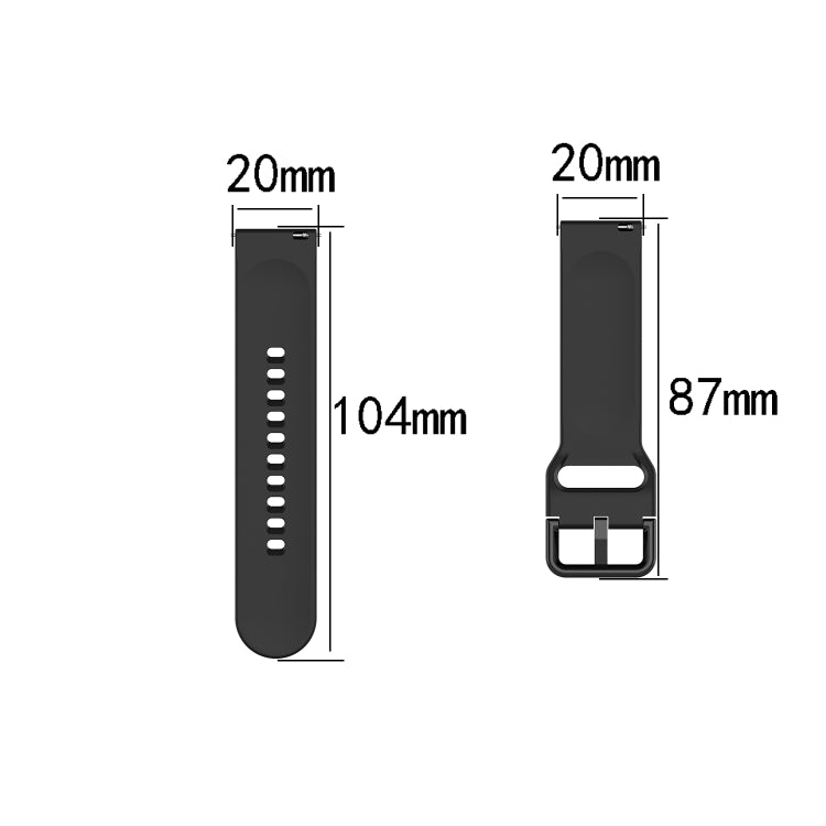 Silicone watch band size diagram: 20mm width, 104mm length, 87mm strap end.