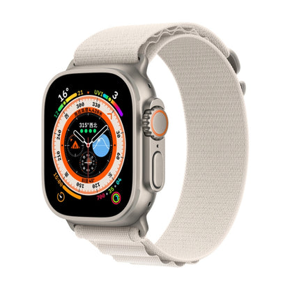 Nylon loop watch band for Apple Watch, light starlight white fabric strap with metal clasp.