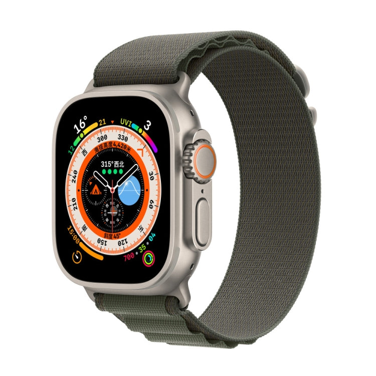 Nylon loop watch band for Apple Watch, dark green fabric strap with metal clasp.