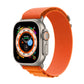 Nylon loop watch band for Apple Watch, bright orange fabric strap with metal clasp.