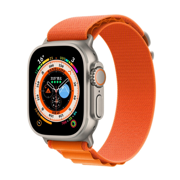 Nylon loop watch band for Apple Watch, bright orange fabric strap with metal clasp.