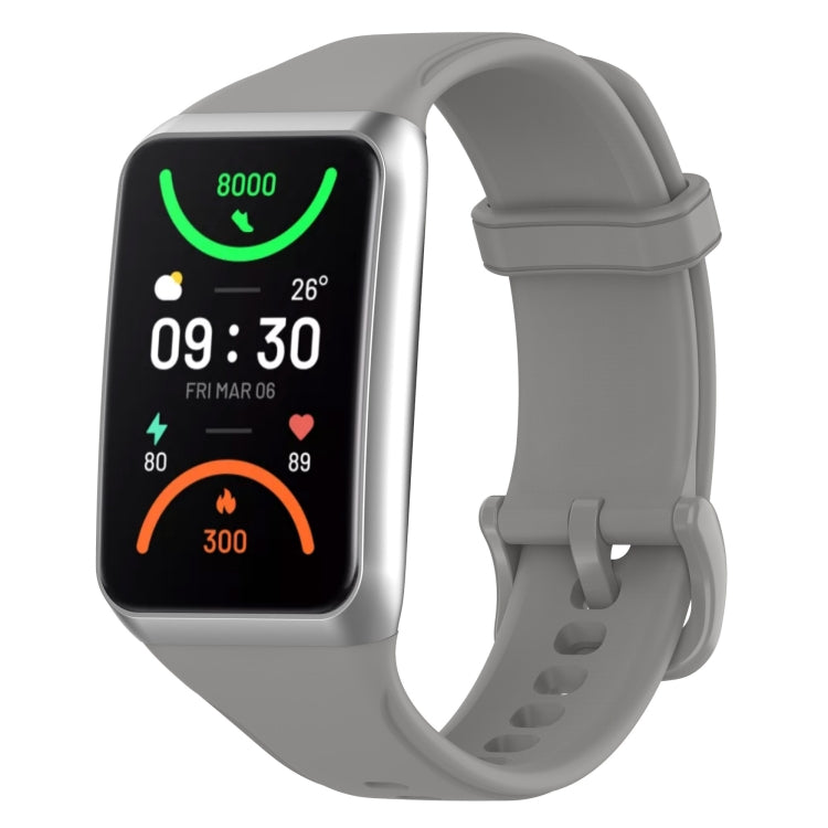 Gray soft silicone watch band with adjustable holes and buckle clasp.