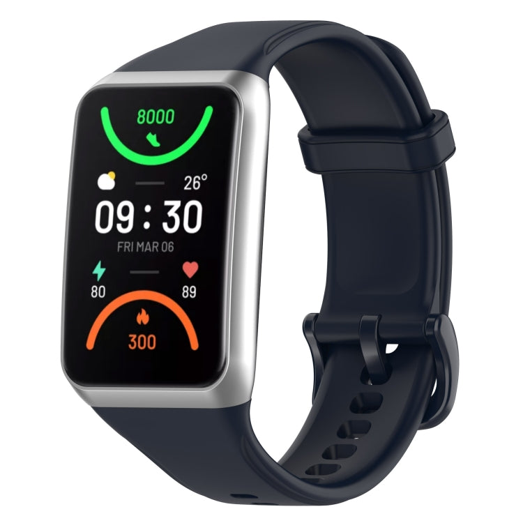Dark blue soft silicone watch band with adjustable holes and buckle clasp.