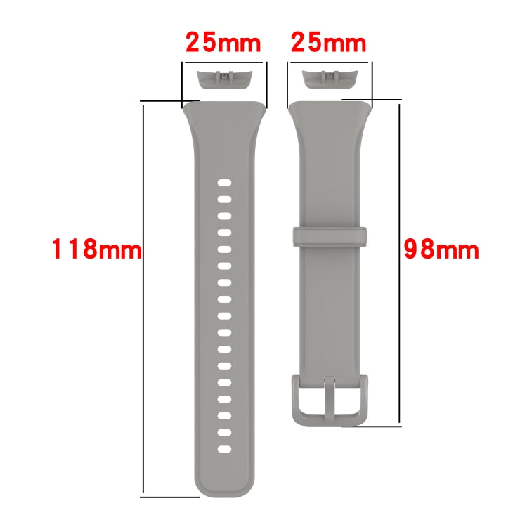 Gray silicone watch band dimensions: 118mm length, 25mm width, 98mm clasp.