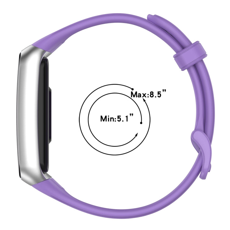 Purple soft silicone watch band with size range min 5.1in to max 8.5in.