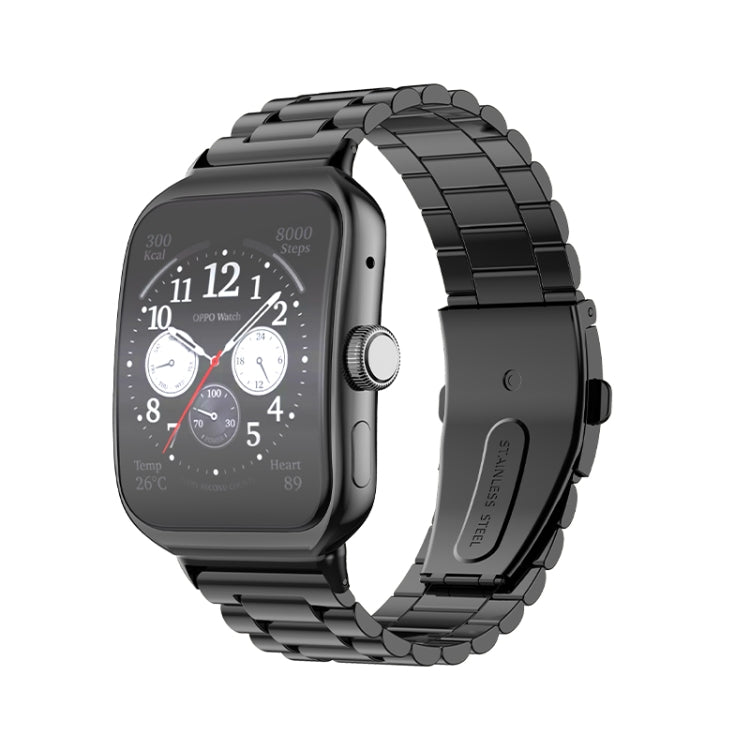Black three-bead flat stainless steel watch band with flat buckle clasp, worn on smartwatch