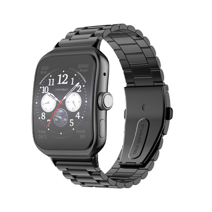 Black three-bead flat stainless steel watch band with flat buckle clasp, worn on smartwatch