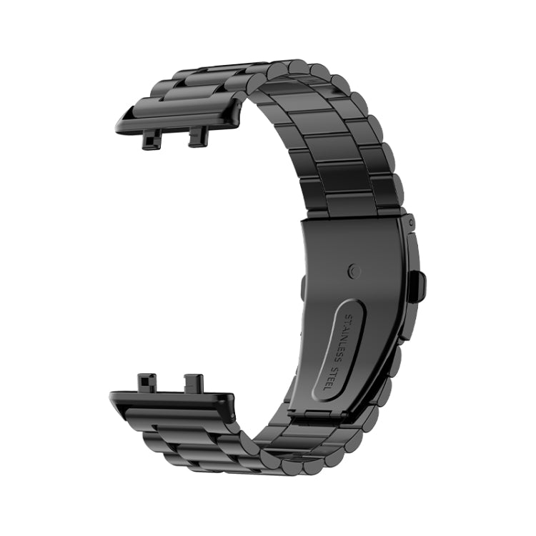 Black three-bead flat stainless steel watch band with flat buckle clasp, side angle