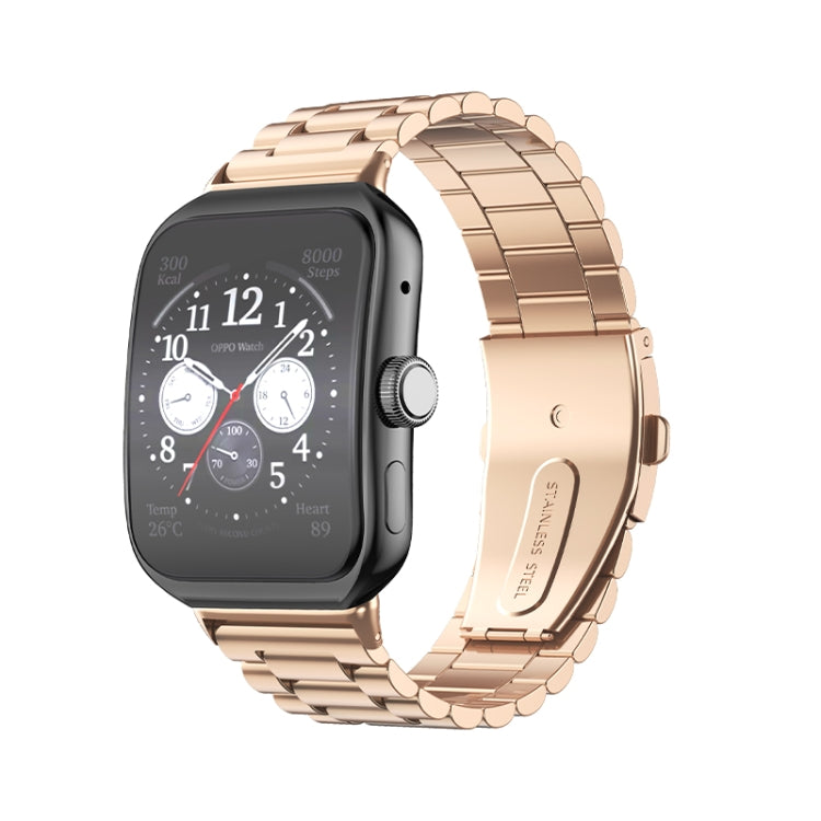 Rose gold three-bead flat stainless steel watch band with flat buckle clasp, worn on smartwatch