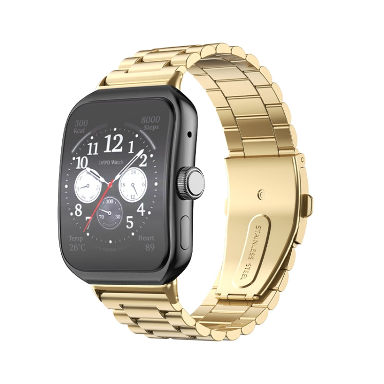 Gold three-bead flat stainless steel watch band with flat buckle clasp, worn on smartwatch