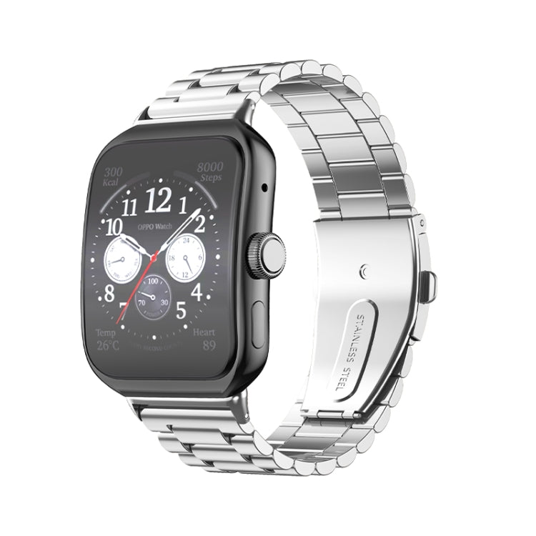 Silver three-bead flat stainless steel watch band with flat buckle clasp, worn on smartwatch