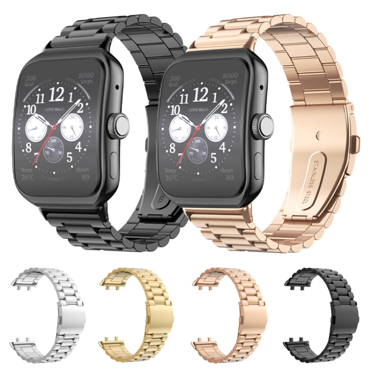 Three-bead flat buckle stainless steel watch band, black and rose gold shown