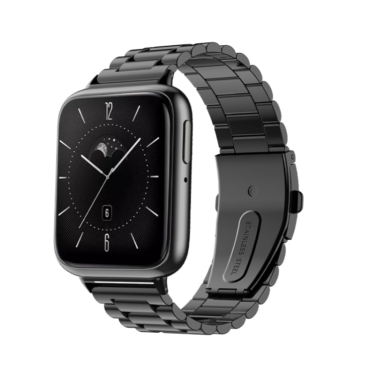 Black three-bead flat stainless steel watch band with flat buckle clasp, front view
