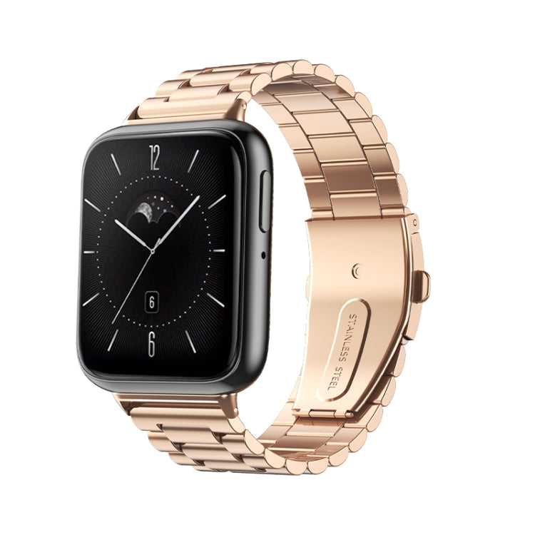 Rose gold three-bead flat stainless steel watch band with flat buckle clasp, front view