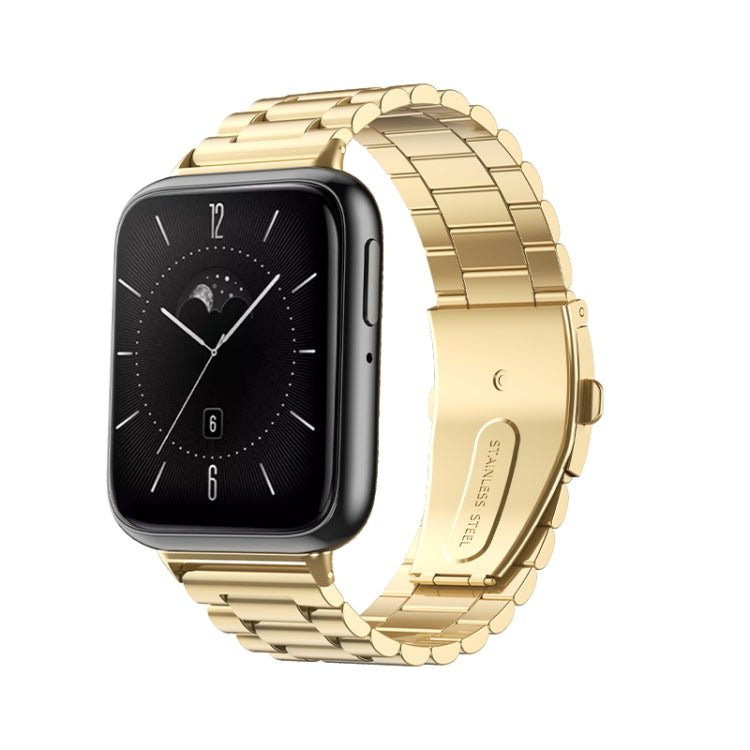 Gold three-bead flat stainless steel watch band with flat buckle clasp, front view