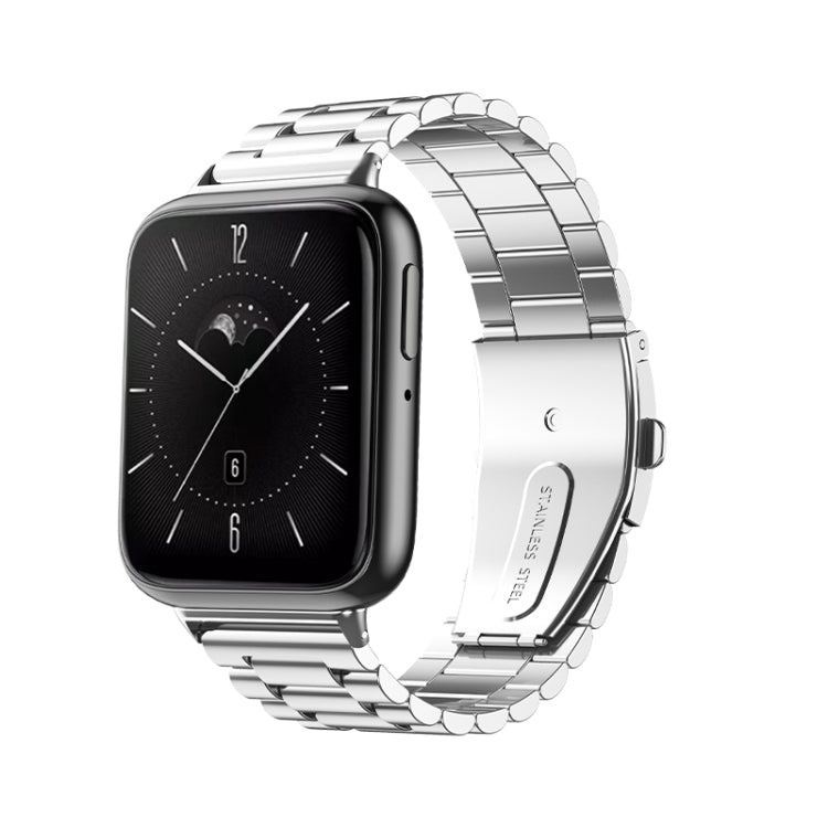 Silver three-bead flat stainless steel watch band with flat buckle clasp, front view