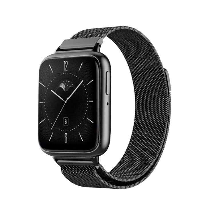 Black Milanese metal watch band with magnetic clasp, shown with black smartwatch.