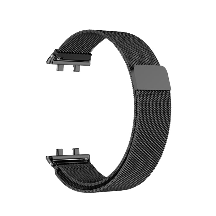 Black Milanese metal watch band with magnetic clasp and slim link mesh texture.