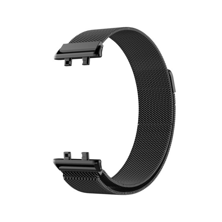 Black Milanese metal watch band with clasp detail, curved mesh weave design.