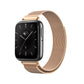 Rose gold Milanese metal watch band with magnetic clasp, shown with black smartwatch.