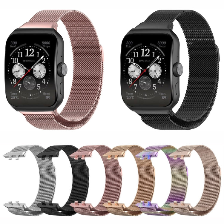 Set of Milanese metal watch bands in multiple colors: rose gold, gold, silver, black.