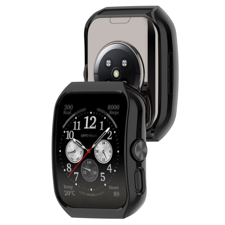 Black protective watch case with back opening and side controls, for OPPO Watch.