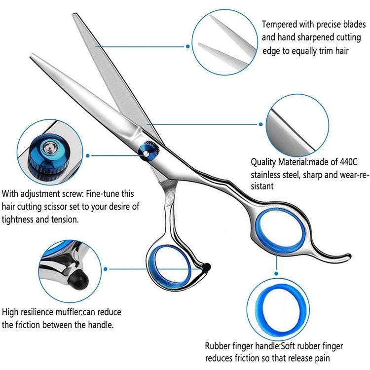 Hair scissors with blue finger rings and stainless steel cutting edges